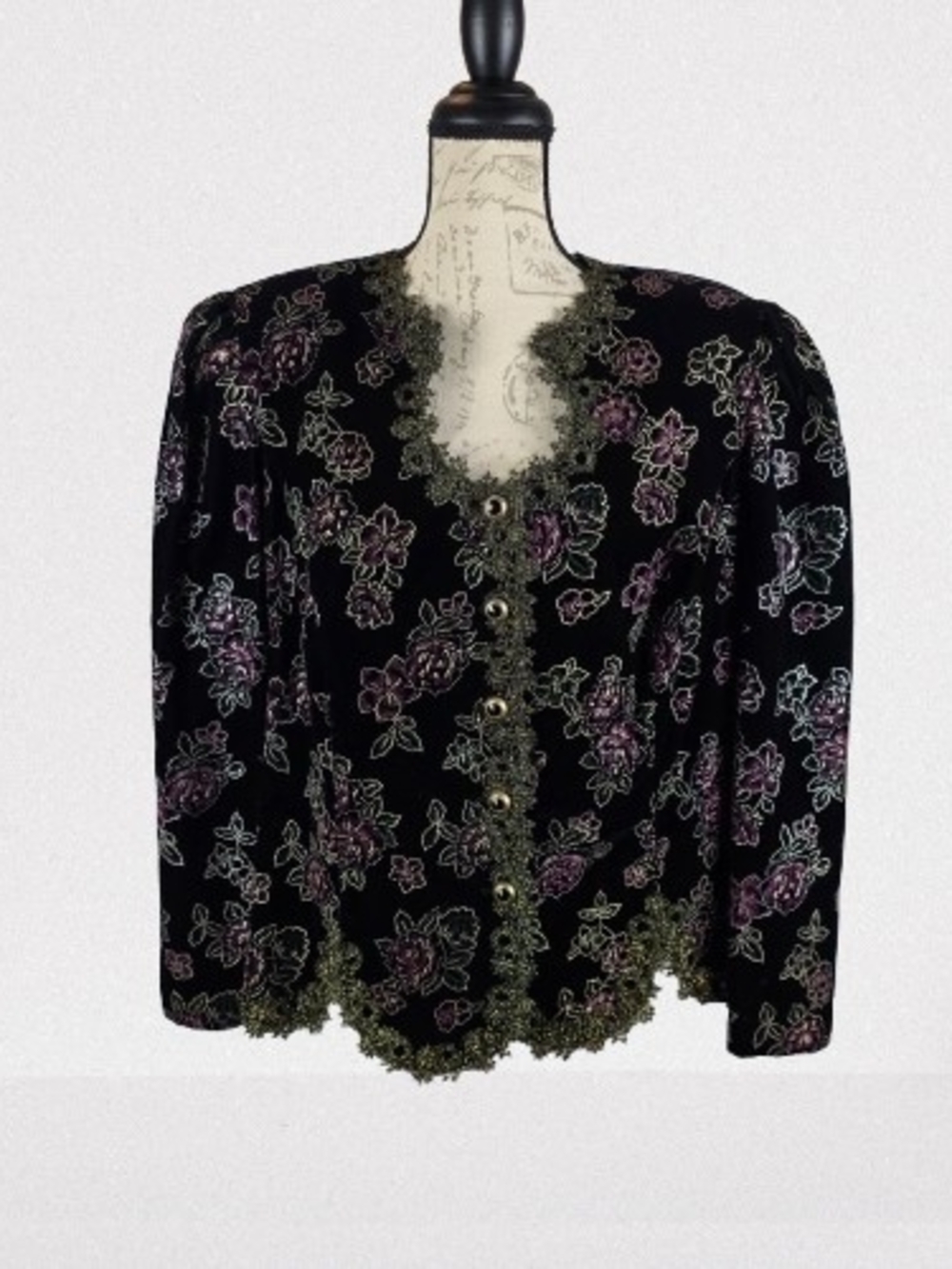 Vintage Black Floral Brocade Velvet Button-Front Jacket Nah Nah Collection W18
